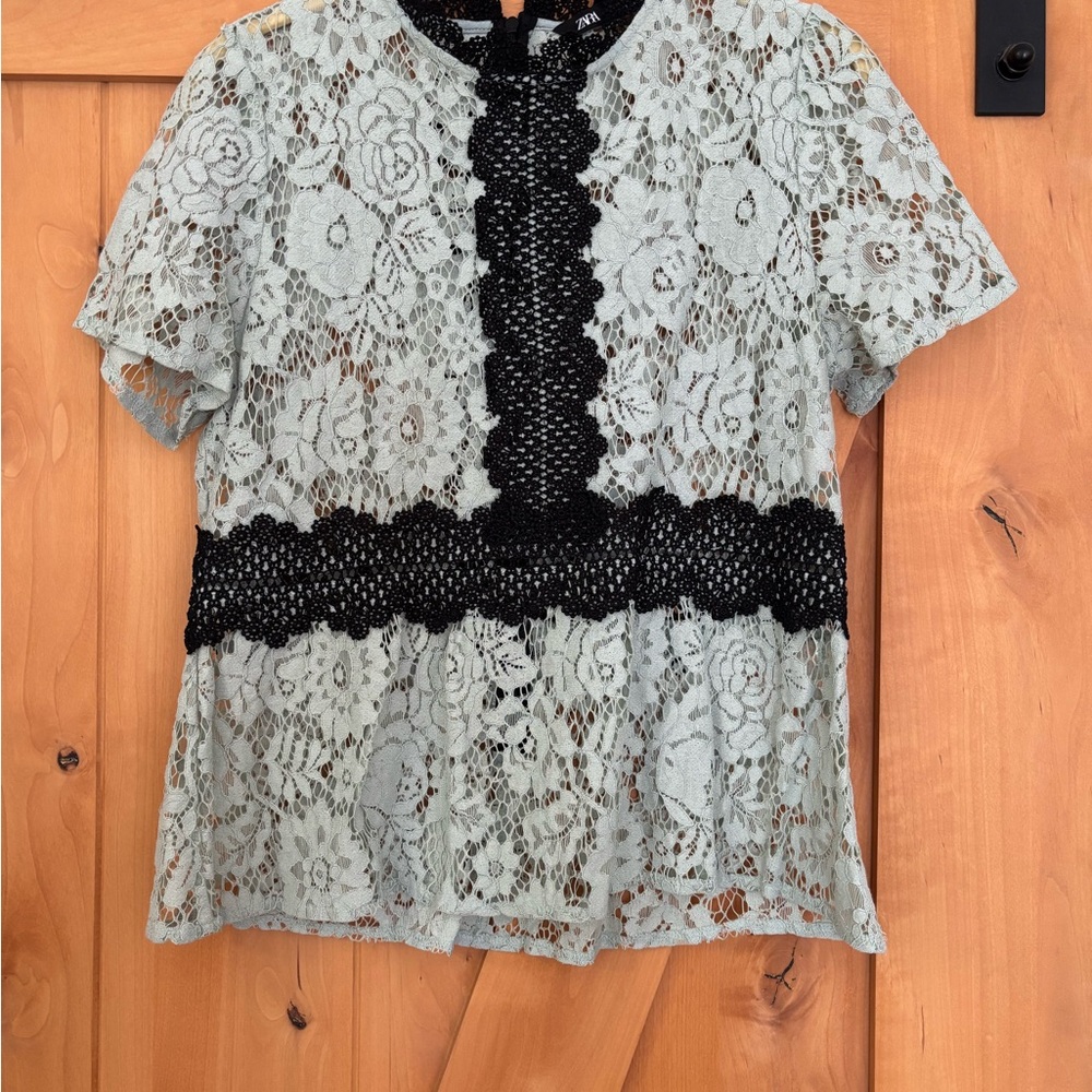 Zara Women's Lace Peplum Top with Black Crochet Trim - Sage